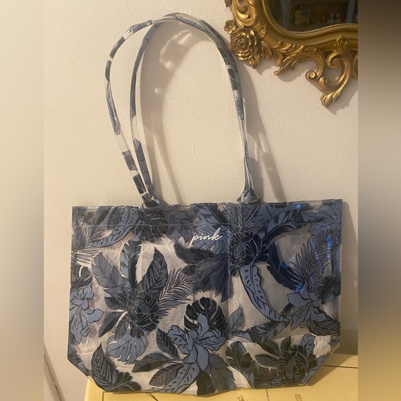 PINK Victoria's Secret Handbags - PINK Victoria’s Secret Clear Blue Floral Tote With Detachable Zip Pouch